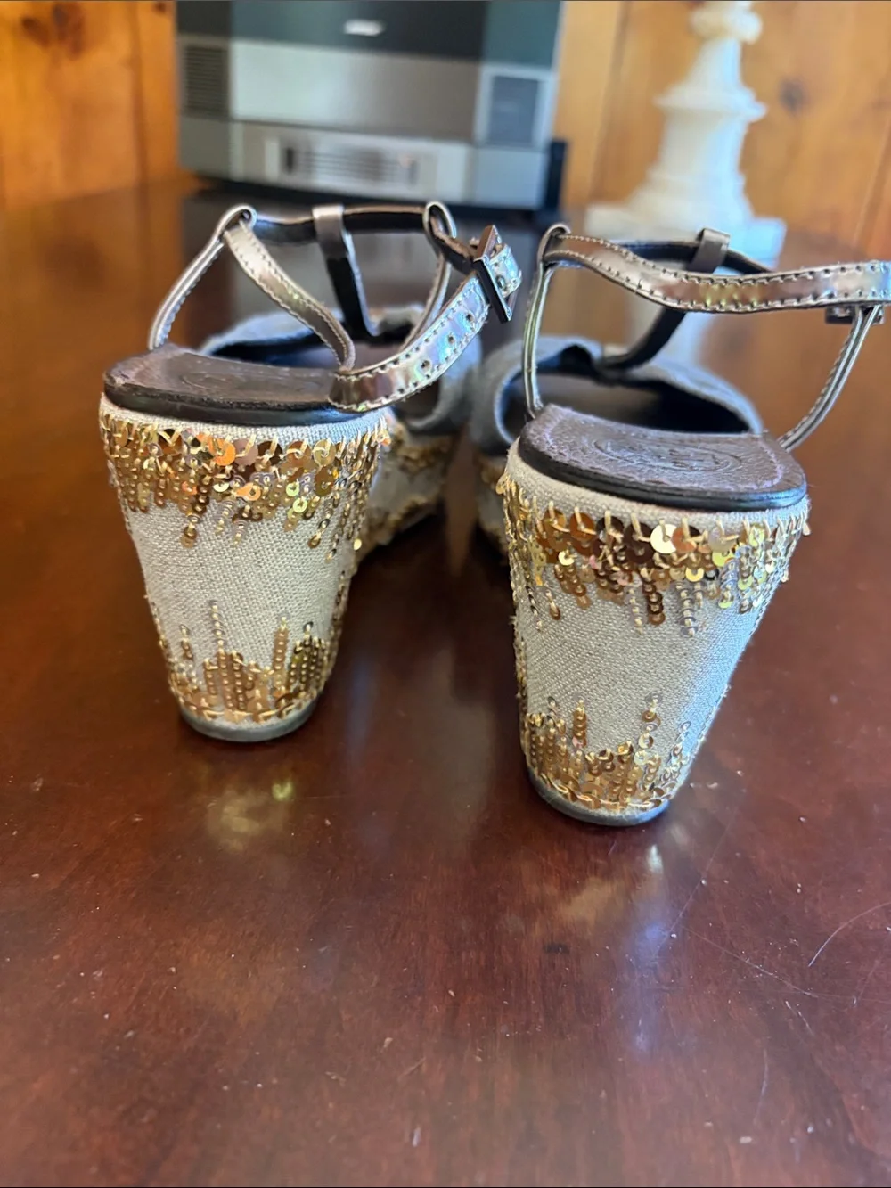 Tory Burch Gray Bow T-Strap Platform Sandals with Gold Trim